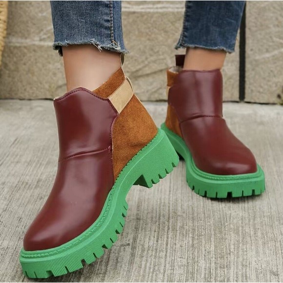 Women’s Platform Ankle Boots Size 8.5 Round Toe Splicing Lug Sole Shoes Unique - Picture 2 of 3